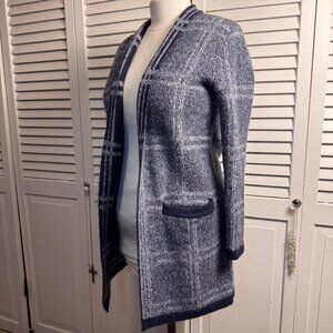 BANANA REPUBLIC SMALL WOMENS NAVY BLUE OPEN FRONT PLAID CARDIGAN SWEATER CLASSIC